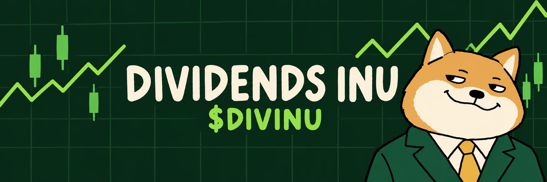 Dividends Inu banner with the suited Shiba and green hand-drawn charts.