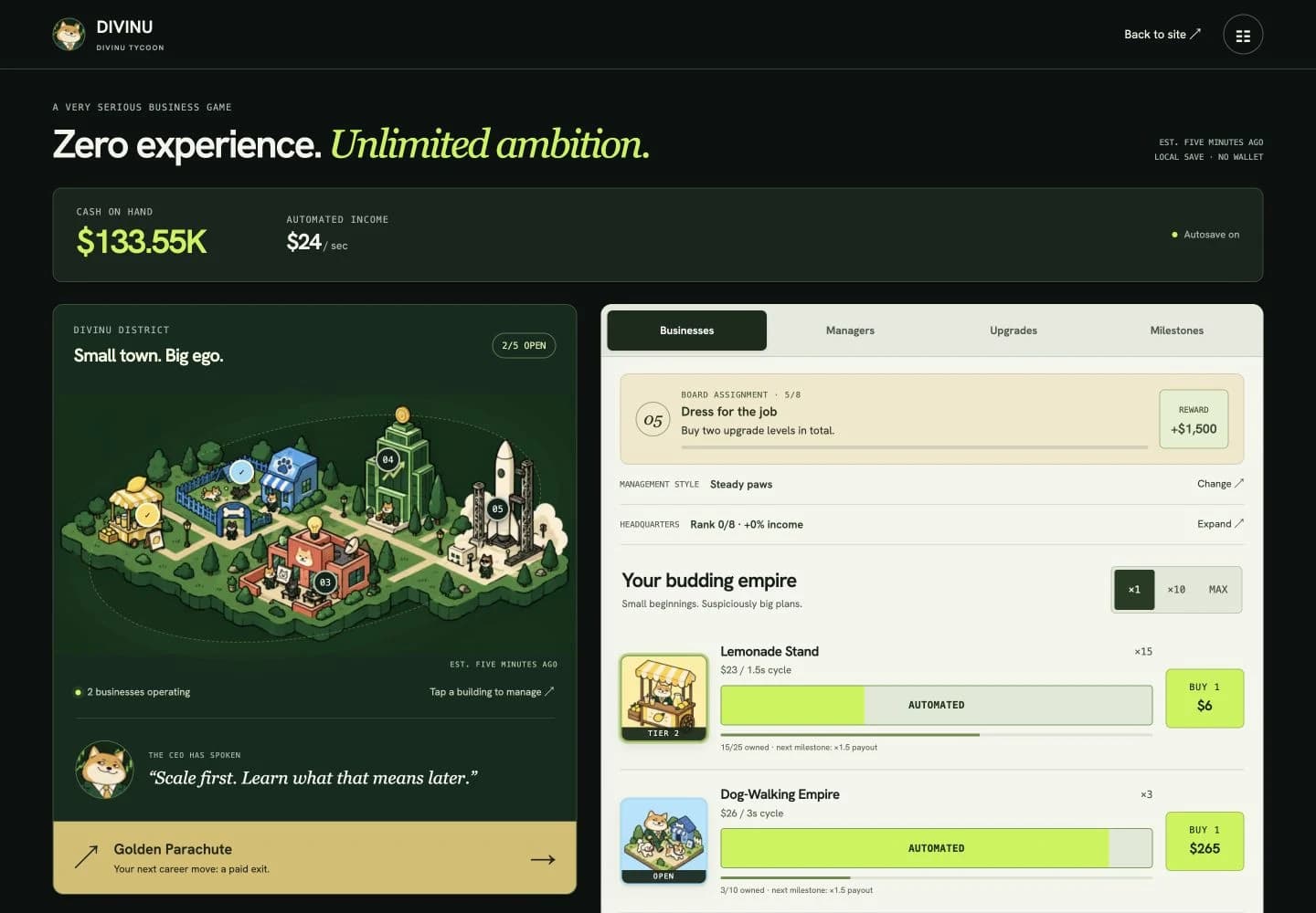 DIVINU gameplay on desktop: illustrated business district, board assignment and business management controls.