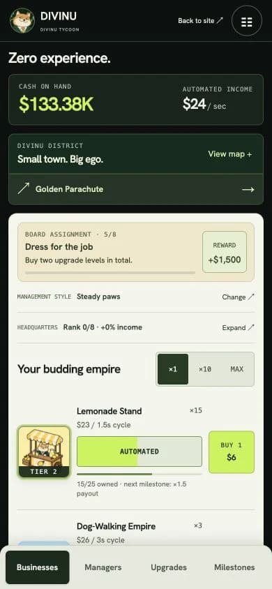 DIVINU on a phone, with cash balance, board assignment, lemonade business and bottom management tabs.