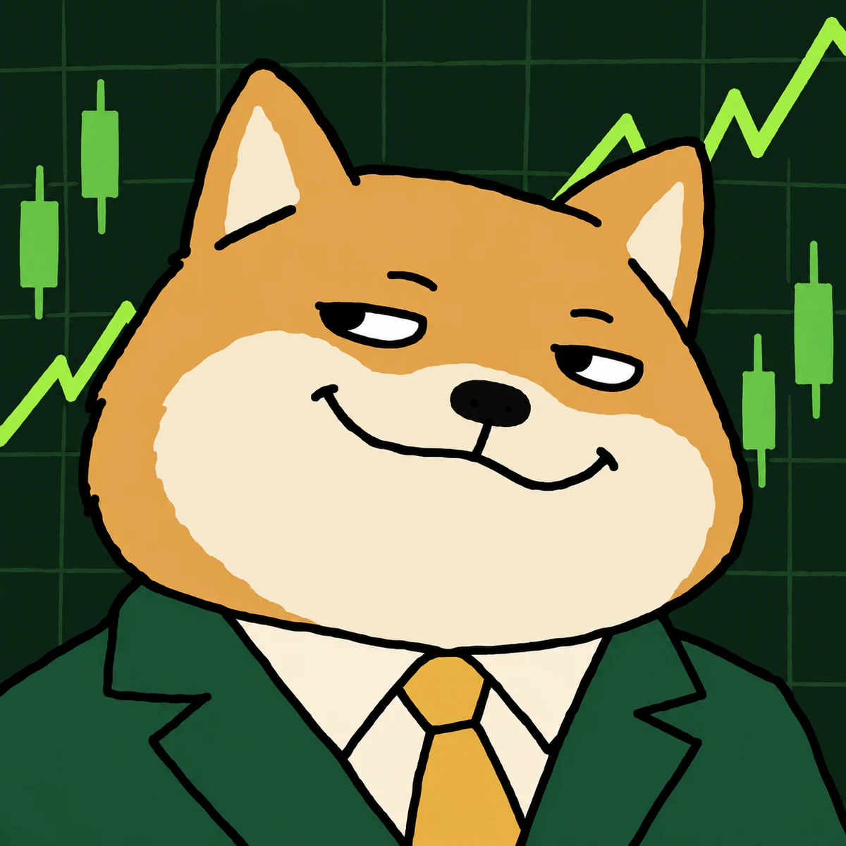 DIVINU, a smug Shiba wearing a dark green suit and gold tie.